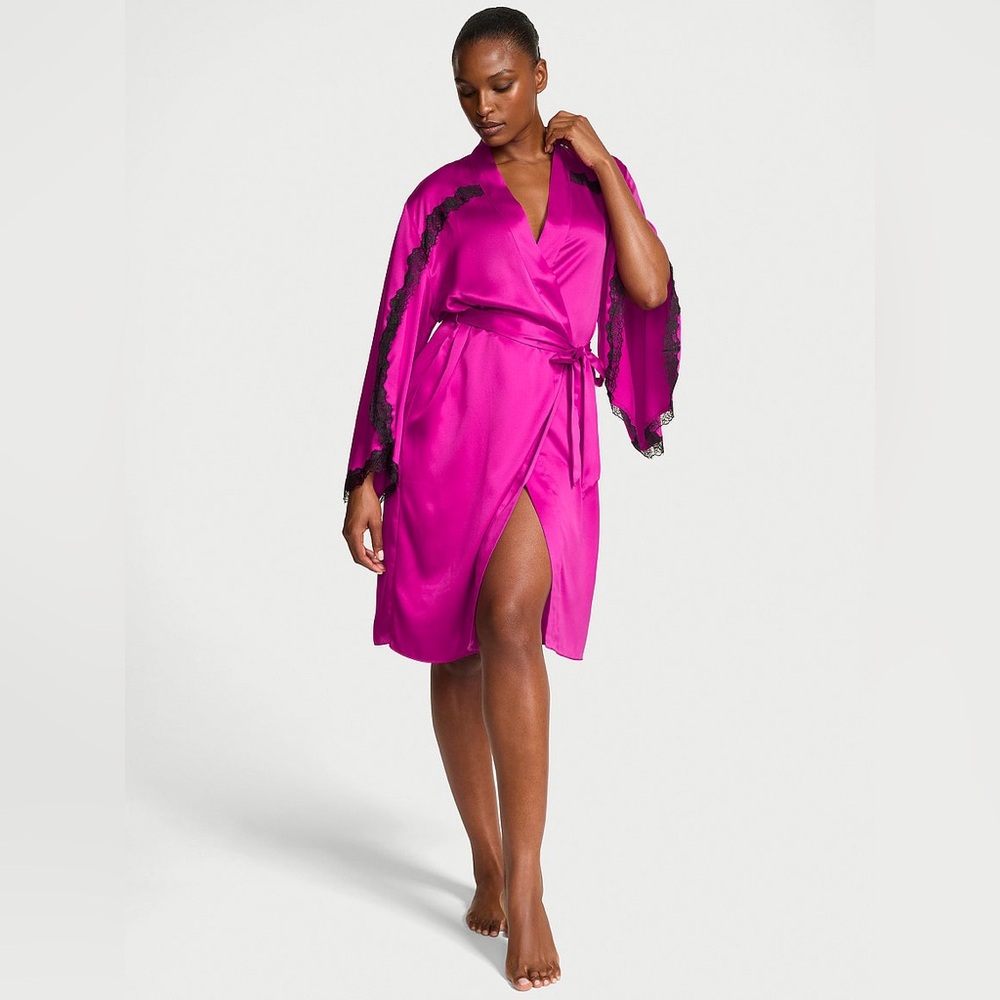 Victoria’s Secret Fuchsia Satin Lace Trim Tie Robe Kimono XS/S Pink Lingerie